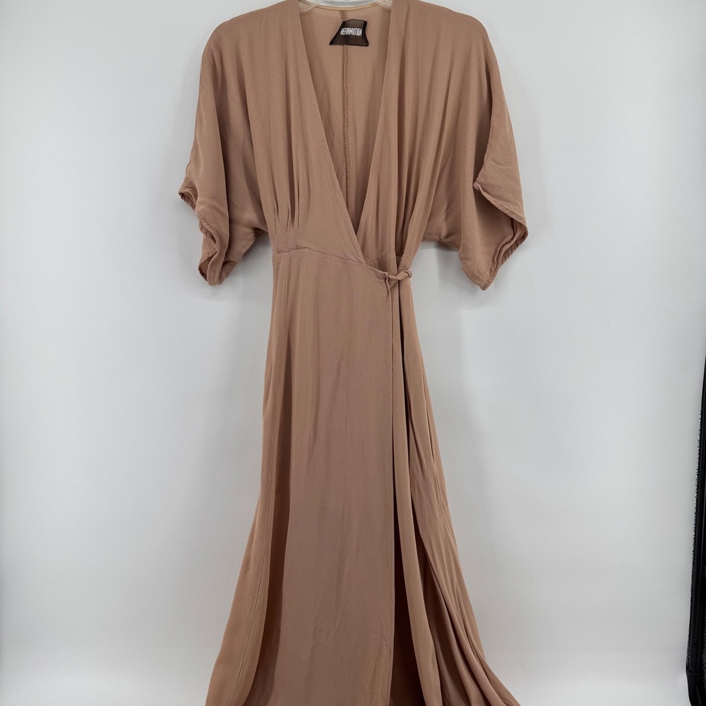 Reformation Winslow Wrap Maxi Dress Womens Small Tan Short Sleeve Viscose Crepe‎